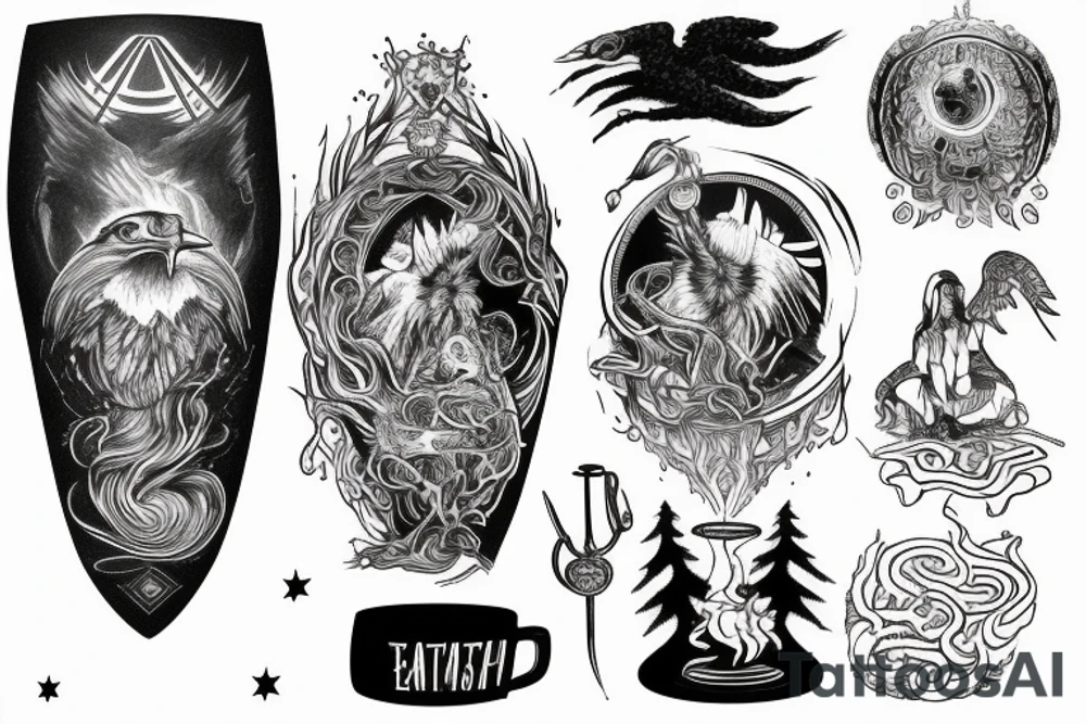 Zarathustra on a mountain with a cup that shines, an eagle in the sky, a snake on the ground, ashes trail from the mountain down to a forest tattoo idea