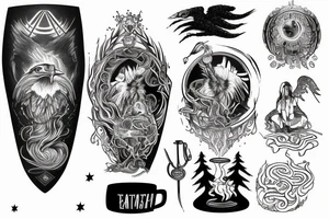 Zarathustra on a mountain with a cup that shines, an eagle in the sky, a snake on the ground, ashes trail from the mountain down to a forest tattoo idea