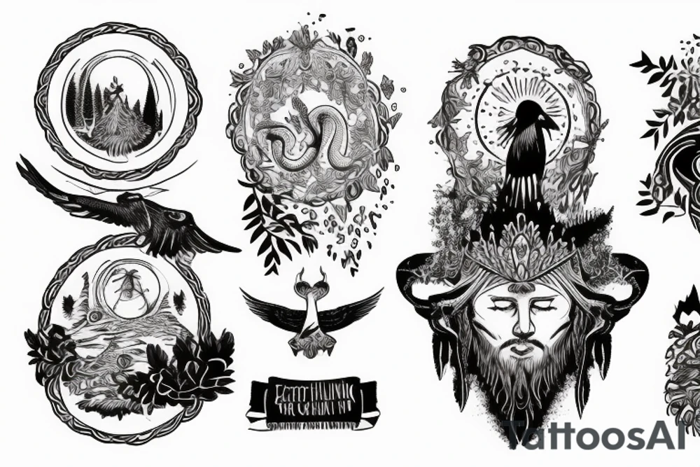 Zarathustra on a mountain with a cup that shines, an eagle in the sky, a snake on the ground, ashes trail from the mountain down to a forest tattoo idea