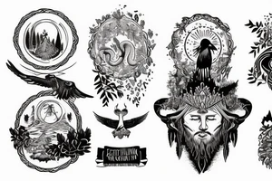 Zarathustra on a mountain with a cup that shines, an eagle in the sky, a snake on the ground, ashes trail from the mountain down to a forest tattoo idea