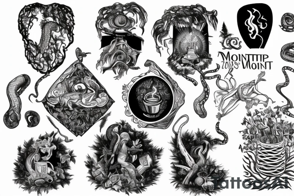 Zarathustra on a mountain with a cup that shines, an eagle in the sky, a snake on the ground, ashes trail from the mountain down to a forest tattoo idea Zarathustra on a mountain with a cup that shines, an eagle in the sky, a snake on the ground, ashes trail from the mountain down to a forest tattoo idea