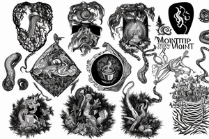 Zarathustra on a mountain with a cup that shines, an eagle in the sky, a snake on the ground, ashes trail from the mountain down to a forest tattoo idea