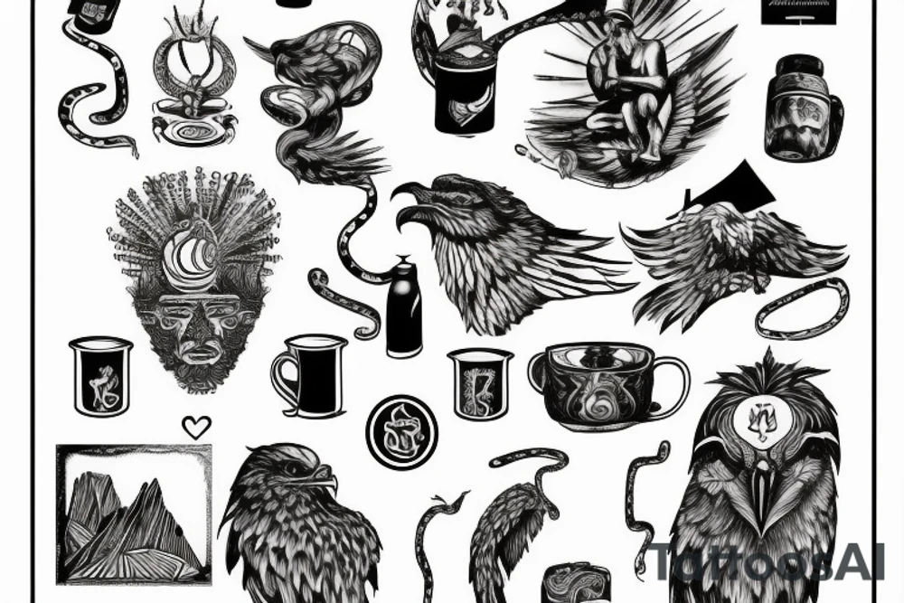 Zarathustra on a mountain with a cup that shines, an eagle in the sky, a snake on the ground, ashes trail from the mountain down to a forest tattoo idea Zarathustra on a mountain with a cup that shines, an eagle in the sky, a snake on the ground, ashes trail from the mountain down to a forest tattoo idea