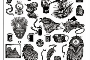 Zarathustra on a mountain with a cup that shines, an eagle in the sky, a snake on the ground, ashes trail from the mountain down to a forest tattoo idea