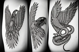 Zarathustra on a mountain, an eagle in the sky, a snake on the ground, ashes trail from the mountain down to a forest tattoo idea
