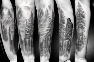 Zarathustra on a mountain, an eagle in the sky, a snake on the ground, ashes trail from the mountain down to a forest tattoo idea