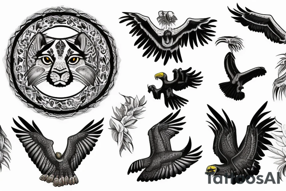 Jaguar, harpy eagle, Puma, bald eagle in the nature tattoo idea
