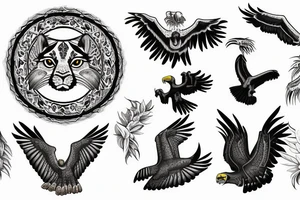 Jaguar, harpy eagle, Puma, bald eagle in the nature tattoo idea
