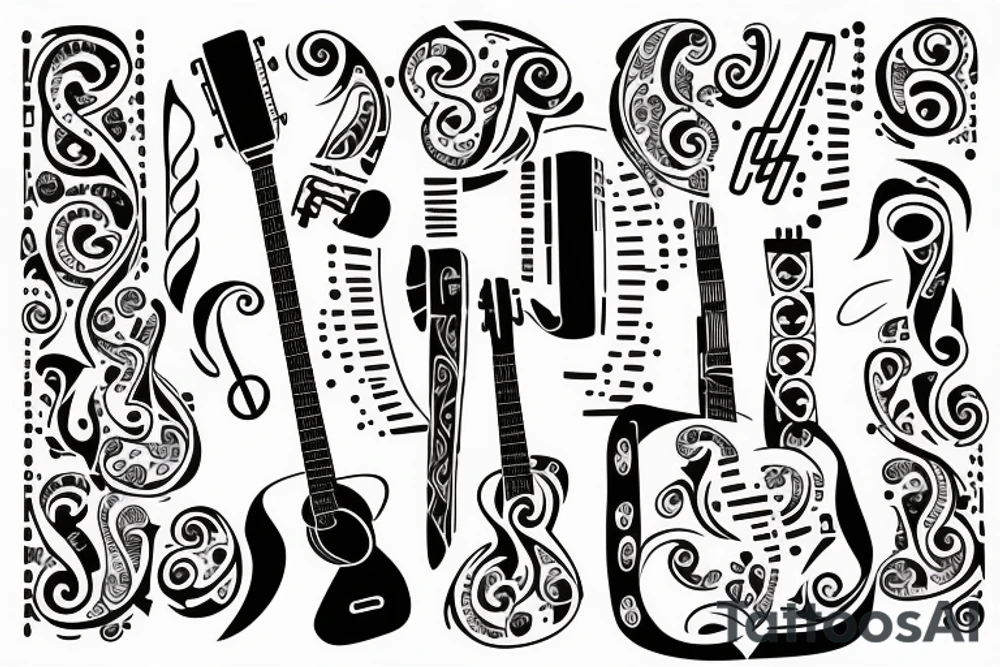 Music notes that tie in acoustic guitar and binary code tattoo idea
