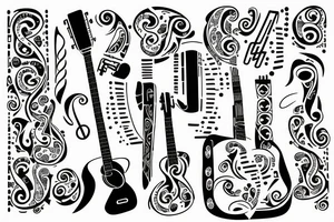 Music notes that tie in acoustic guitar and binary code tattoo idea