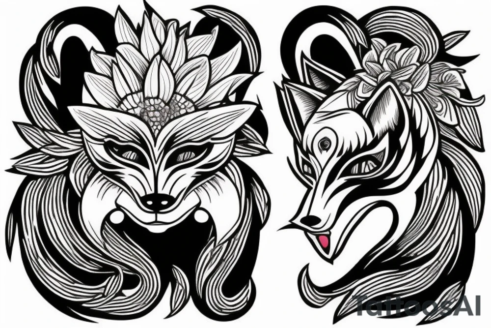 Oni mask on one side fox mask on the other side and both being connected with red blood lillies. tattoo idea