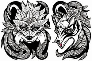 Oni mask on one side fox mask on the other side and both being connected with red blood lillies. tattoo idea