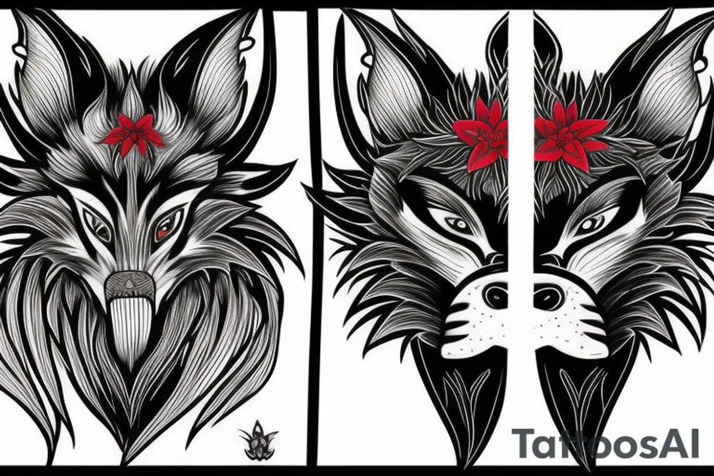 Oni mask on one side fox mask on the other side and both being connected with red blood lillies. tattoo idea