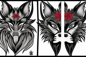 Oni mask on one side fox mask on the other side and both being connected with red blood lillies. tattoo idea