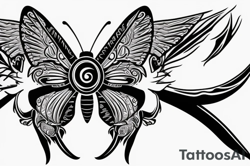 Butterfly with dragon eyes, opened wings and protection symbols tattoo idea