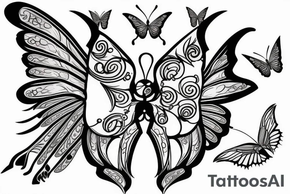 Butterfly with dragon eyes, opened wings and protection symbols tattoo idea