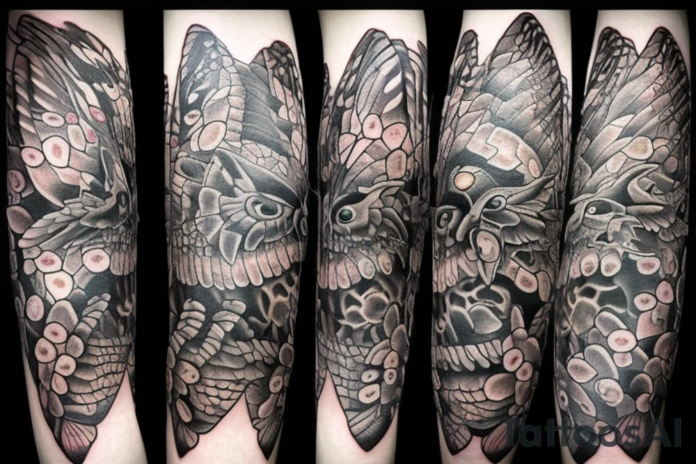 Butterfly dragon eyes, opened wings Michael sigil owl tattoo idea