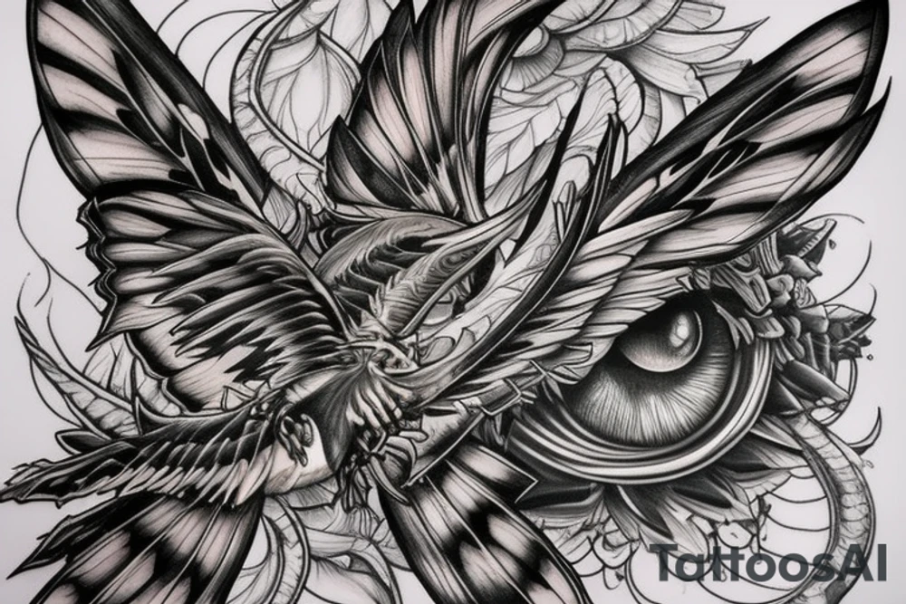 Butterfly dragon eyes, opened wings Michael sigil owl tattoo idea
