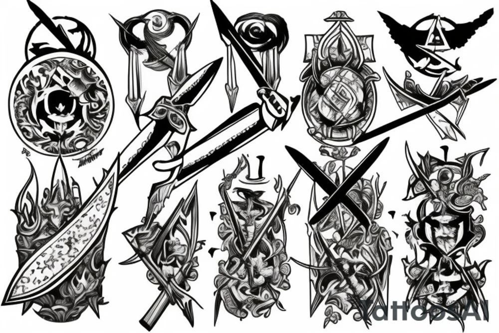 War is in heaven and earth has 4 swords in the middle tattoo idea