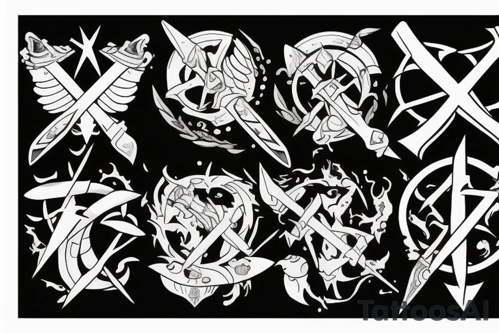 War is in heaven and earth has 4 swords in the middle tattoo idea