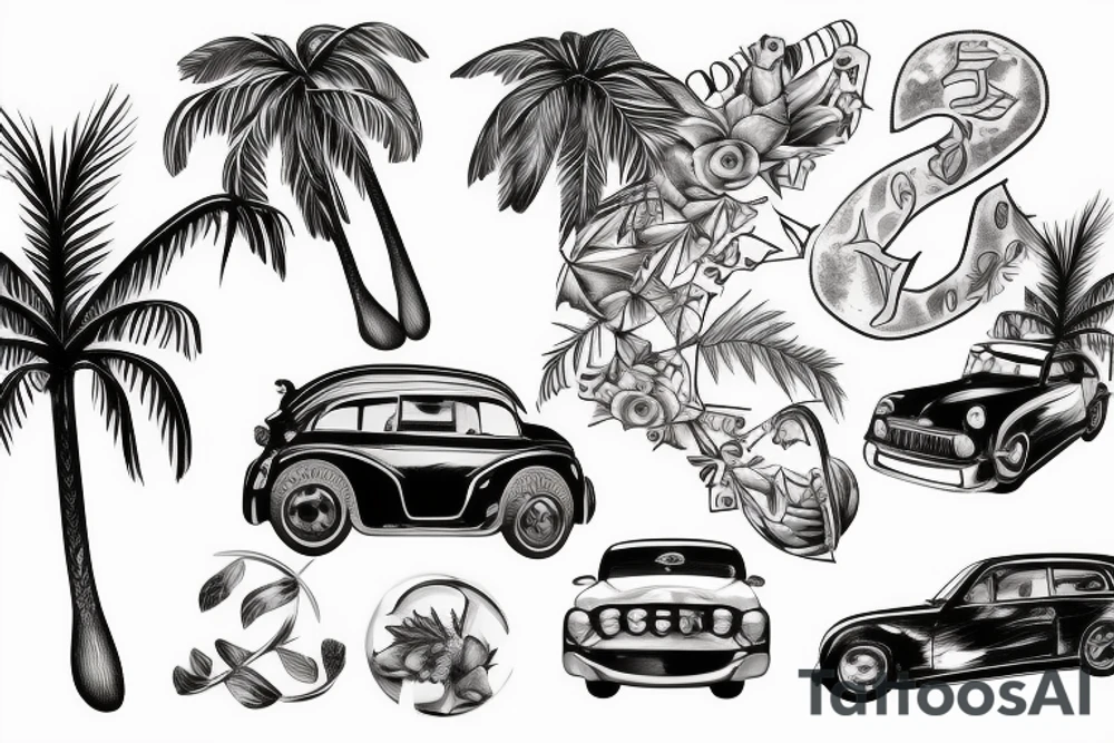 car inspired tattoo with number 58 hidden inside with vinery or palm tree tied into it tattoo idea