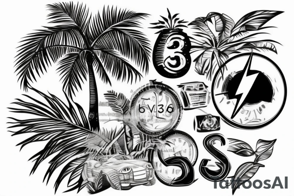 car inspired tattoo with number 58 hidden inside with vinery or palm tree tied into it tattoo idea