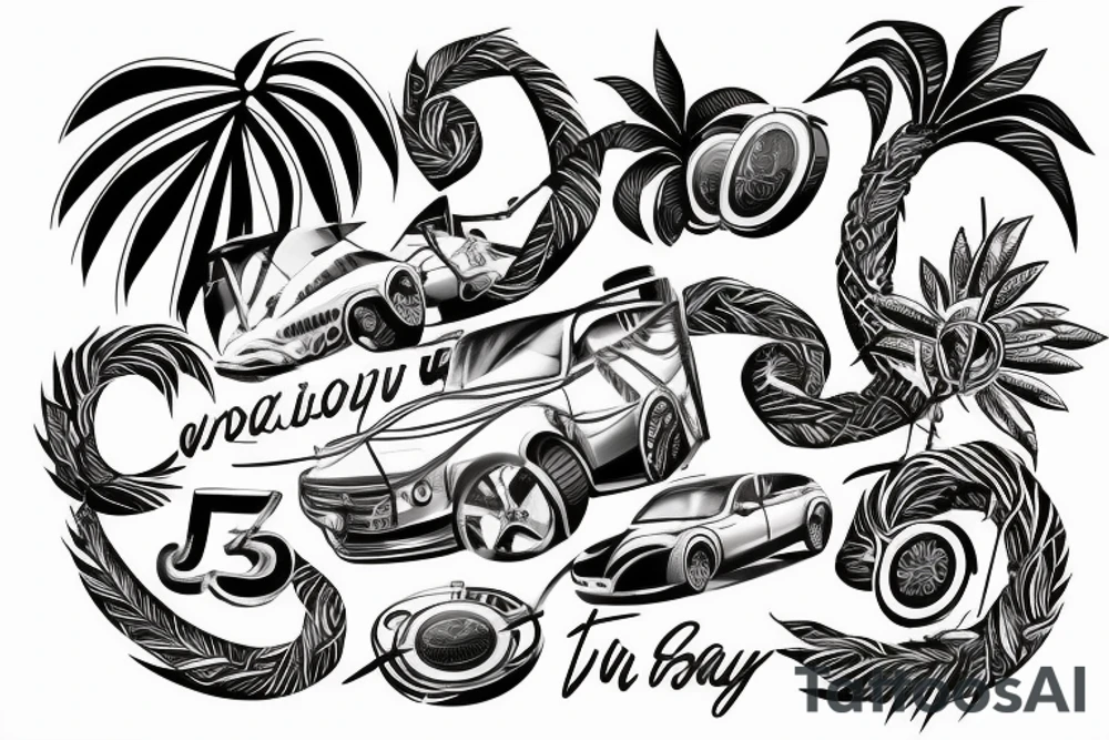 car inspired tattoo with number 58 hidden inside with vinery or palm tree tied into it tattoo idea