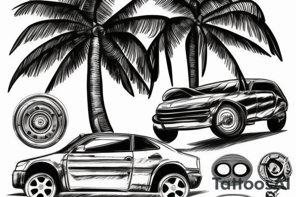 palm tree with car i speed parts tied into it tattoo idea