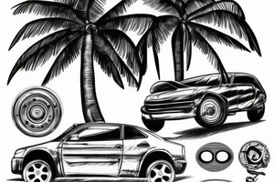 palm tree with car i speed parts tied into it tattoo idea