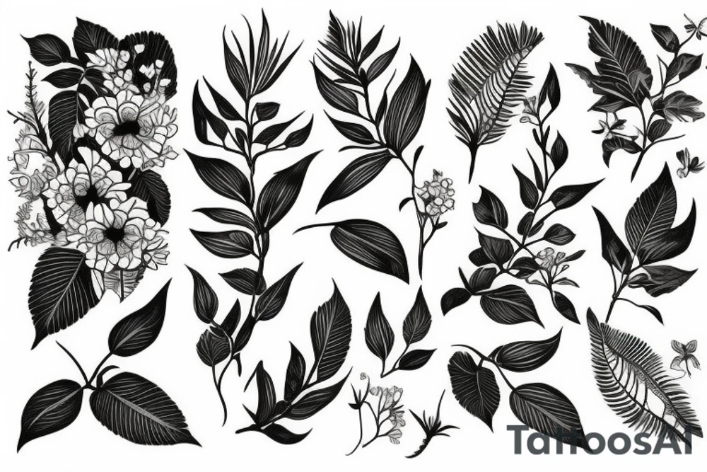Spine with jungle leaves flowers tattoo idea