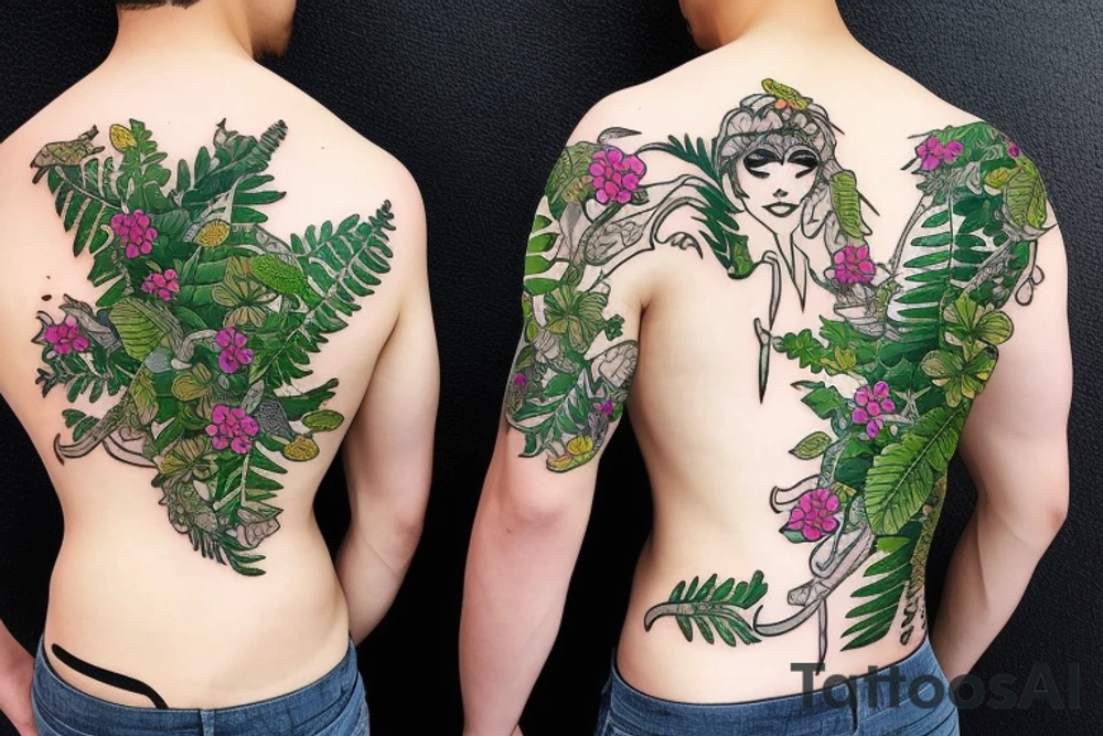Spine with jungle leaves flowers tattoo idea