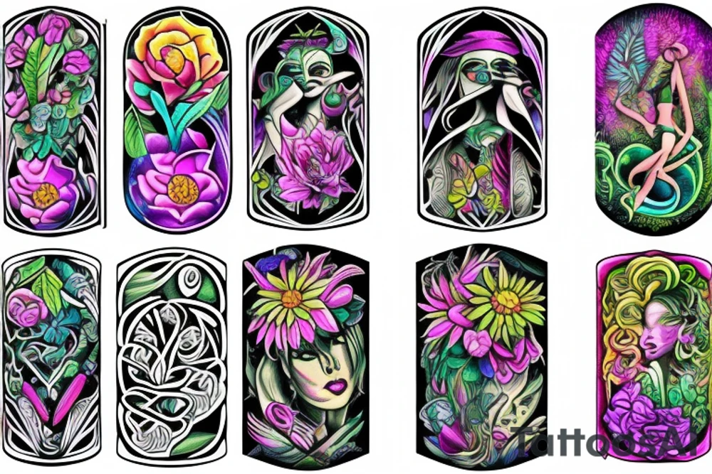Neon jungle flowers mysterious mystical dimension tattoo idea