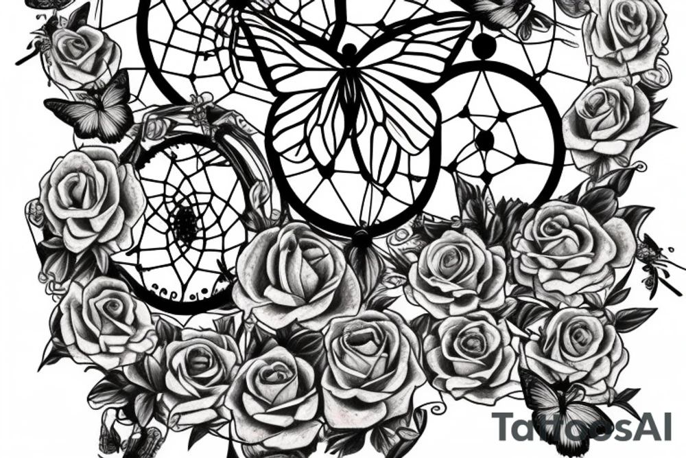 BUTTERFLIES, ROSES AND DREAMCATCHER tattoo idea