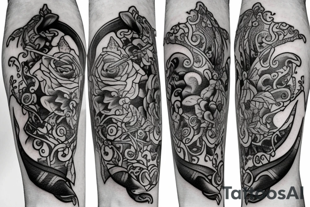 Sword with violets and fire tattoo idea