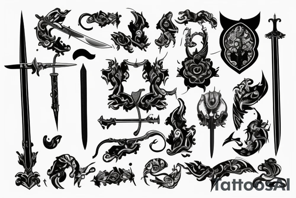 Sword with violets and fire tattoo idea