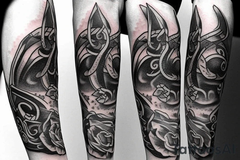 Sword with violets and fire tattoo idea
