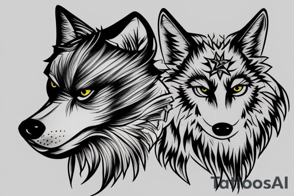 Wolf head with 3 birds and stars tattoo idea