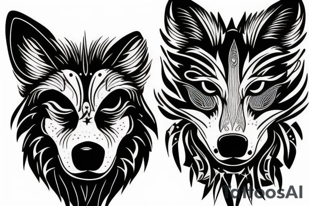 Wolf head with 3 birds and stars tattoo idea