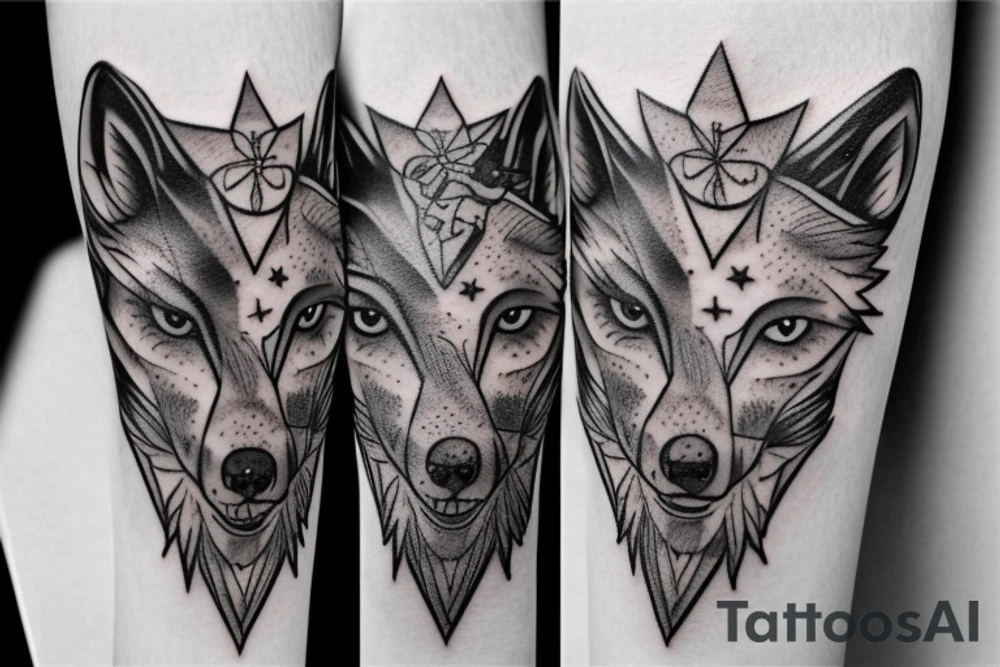 Wolf head with 3 birds and stars around it tattoo idea