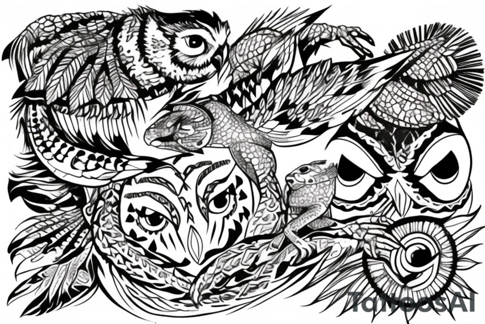 Owl with a lizard with native warriors in the background tattoo idea