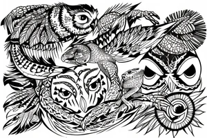 Owl with a lizard with native warriors in the background tattoo idea
