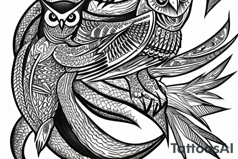 Owl with a lizard with native warriors in the background tattoo idea
