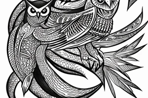 Owl with a lizard with native warriors in the background tattoo idea