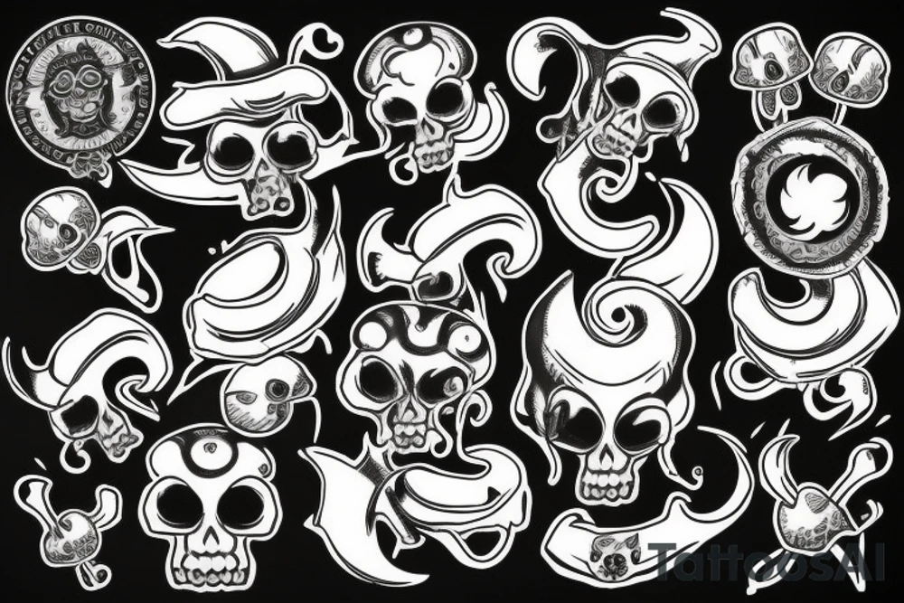 Rams skull with royal flush poker and magic mushrooms twisting around the design and full moon in the sky tattoo idea