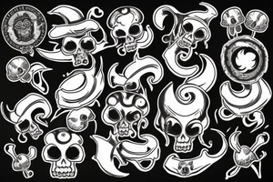 Rams skull with royal flush poker and magic mushrooms twisting around the design and full moon in the sky tattoo idea