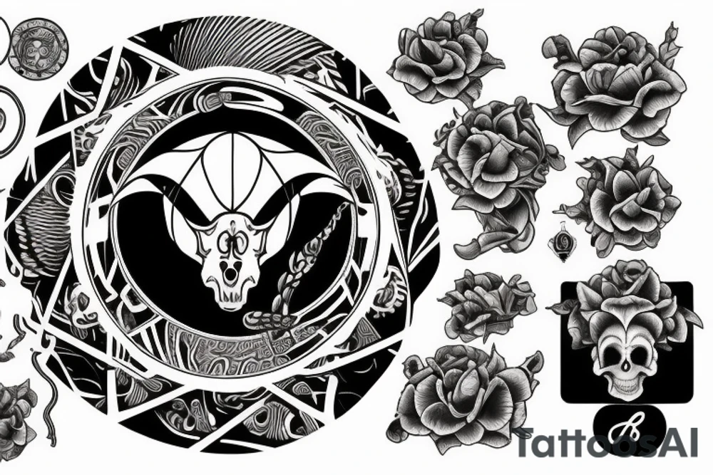 Rams skull with royal flush poker and magic mushrooms twisting around the design and full moon in the sky tattoo idea