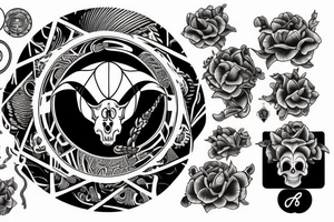 Rams skull with royal flush poker and magic mushrooms twisting around the design and full moon in the sky tattoo idea