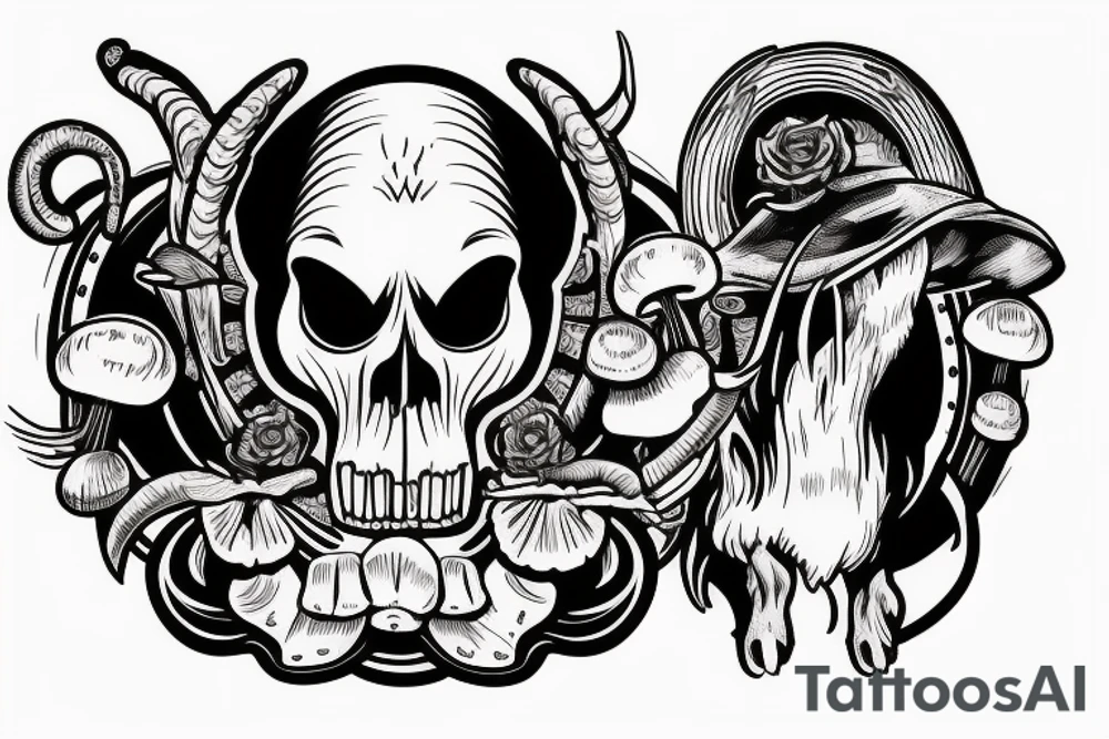 Big rams skull with a royal flush from poker and liberty cap mushrooms twisting around the design pointing up towards a full moon tattoo idea