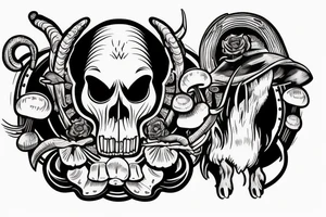 Big rams skull with a royal flush from poker and liberty cap mushrooms twisting around the design pointing up towards a full moon tattoo idea