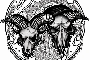 Big rams skull with a royal flush from poker and liberty cap mushrooms twisting around the design pointing up towards a full moon tattoo idea